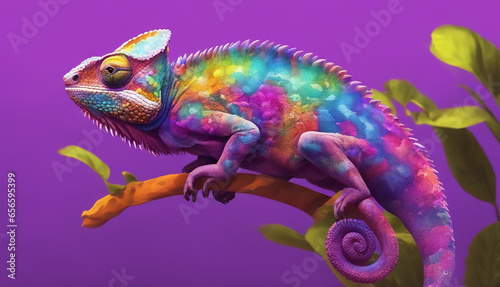 Chameleon on a purple background. Generative AI.