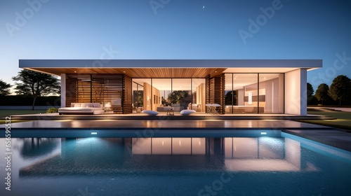 Modern house with swimming pool at night. Luxury villa in the garden.
