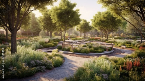 A park landscape with thoughtfully designed pathways, seating areas, and green spaces, emphasizing the creation of inviting and functional outdoor environments