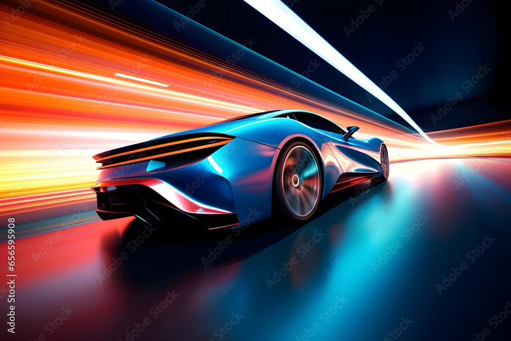 sports car on the road with motion blur background. 3d rendering - obrazy, fototapety, plakaty 