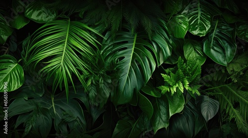 Background from green leaves of ferns, palm leaves and tropical foliage.