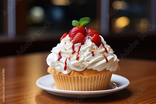 Photo of a delicious cupcake with fresh strawberries and creamy white frosting created with Generative AI technology
