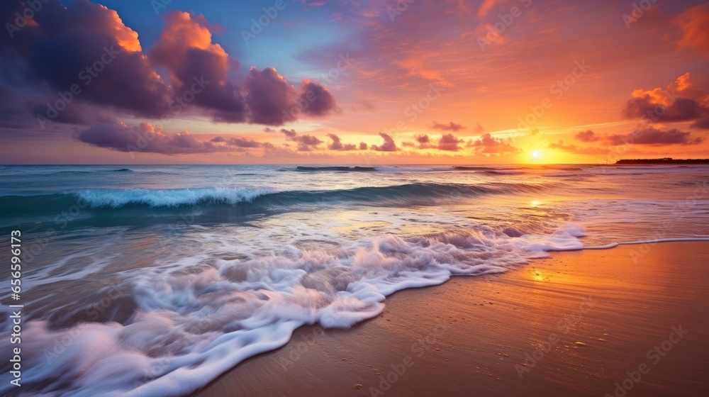 Spectacular sunset on a quiet beach. - obrazy, fototapety, plakaty 
