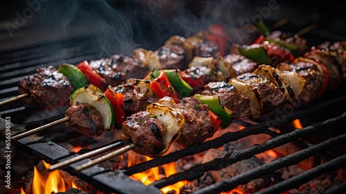 Image of large lamb skewers sizzling on a hot grill. photo