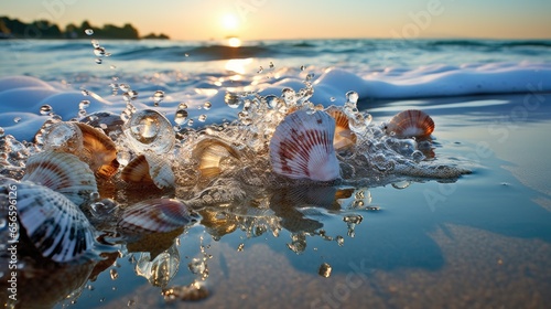 Image of waves, small seashells on the shore.