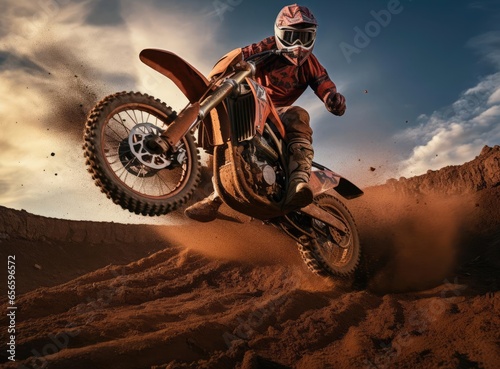 Motorcyclist jumping with a motorcycle in the mud © cherezoff