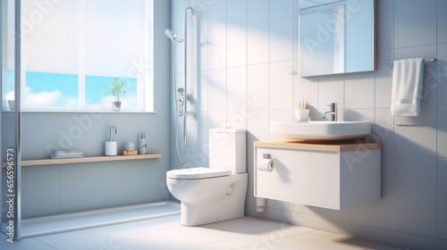 Obraz na płótnie A white bathroom with a shower a toilet and a sink