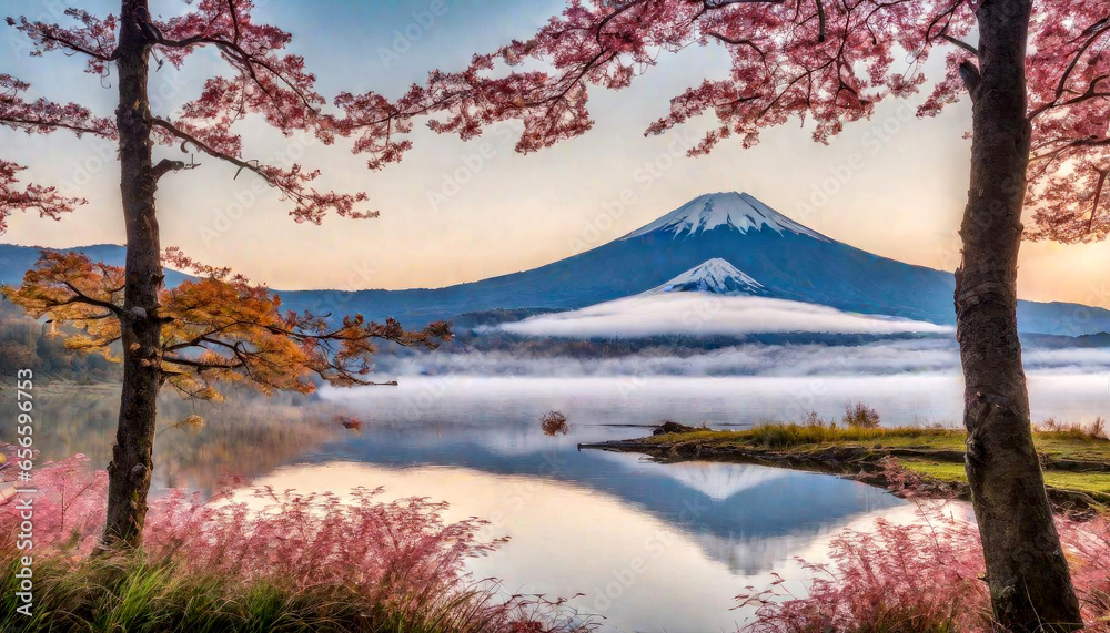 Colorful autumn season with pink blossom and Mt Fuji with morning mist and red leaves at Lake in the morning