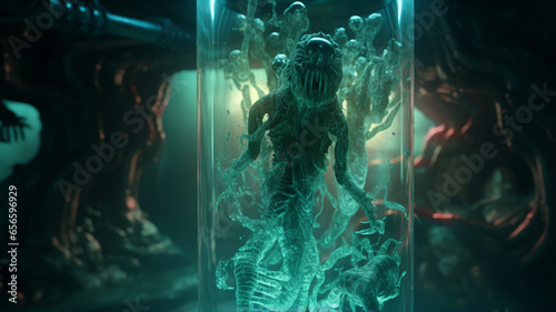 rooted secret room, alien monster in glass water tube generative ai