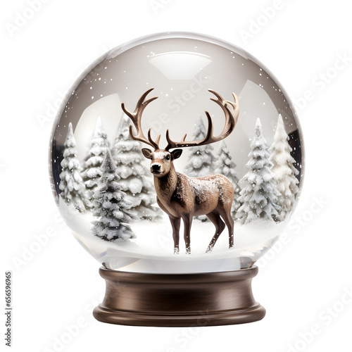 Christmas snow ball with reindeer figure, isolated on transparent background