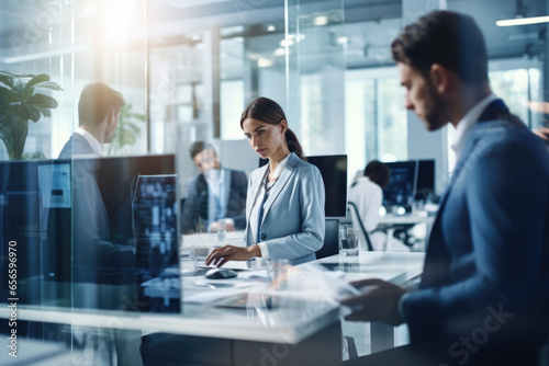 Group of diverse businesspeople working together in a modern workplace. Business colleagues collaborating on a project.