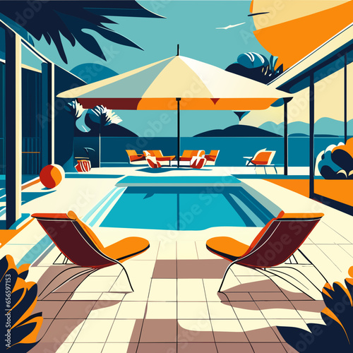 Poolside relaxation with sky background