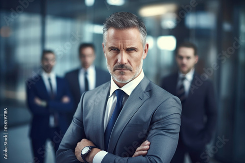 Handsome 50s mid age eldrly male businessman smilling standing in front of his colleagues