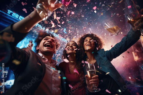 Friends making big party in the night, throwing confetti and drinking champagne, celebrating photo