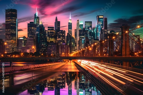 Panoramic view of New York City at night, USA.