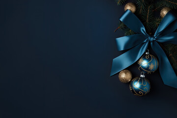 Dark blue and gold Christmas decoration balls on dark background. Merry christmas and happy new year greeting card with copy space for text.