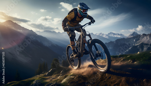 A mountain biker rides through field and forest roads. He enjoys the speed and beauty of MTB sport. © Roman