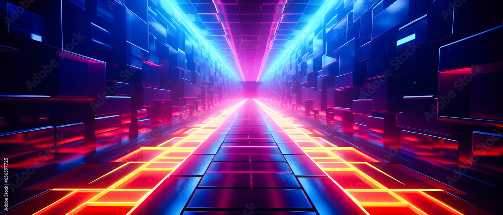 abstract background, futuristic corridor with glowing neon lights - obrazy, fototapety, plakaty 