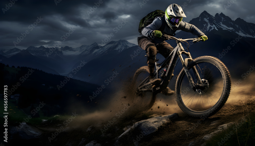 A mountain biker rides through field and forest roads. He enjoys the speed and beauty of MTB sport.