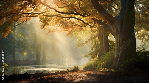 Panoramic image of a foggy autumn forest at dawn.