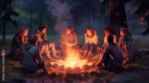 Visualize friends sharing laughter and conversation around a bonfire, symbolizing the joy of meaningful connections
