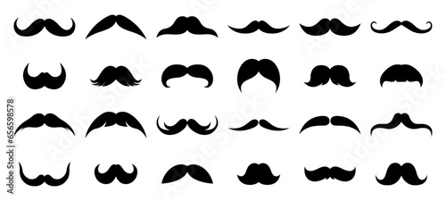 Mustache set. Black silhouettes of various male moustaches. Men's facial hair. Hipster, gentleman, barbershop concept. Vector flat illustration isolated on white background