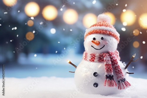Cheerful Snowman Christmas Decoration in Winter Park with Beautiful Bokeh © pierre
