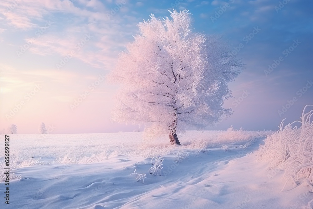 Winter Wonderland: Snow-Adorned Christmas Landscape with Frosted Tree Winter Wonderland: Snow-Adorned Christmas Landscape with Frosted Tree