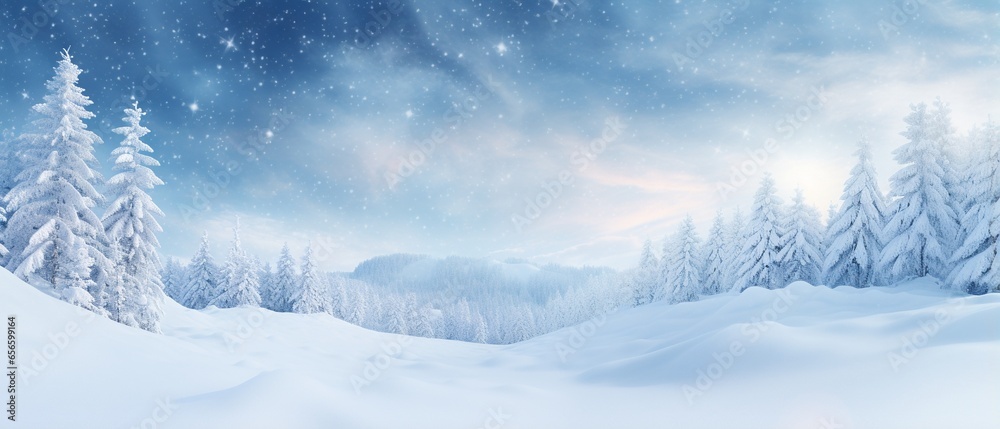 Winter Wonderland: Christmas Landscape with Snowy Trees and Blue Sky