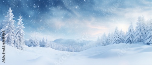 Winter Wonderland: Christmas Landscape with Snowy Trees and Blue Sky
