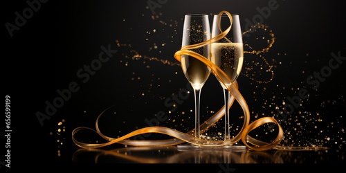 Elegant Champagne Glass with Golden Particles on Black Background