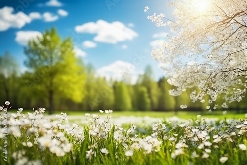 Scenic Spring Beauty: Blooming Glade, Trees, and Blue Sky in Blur
