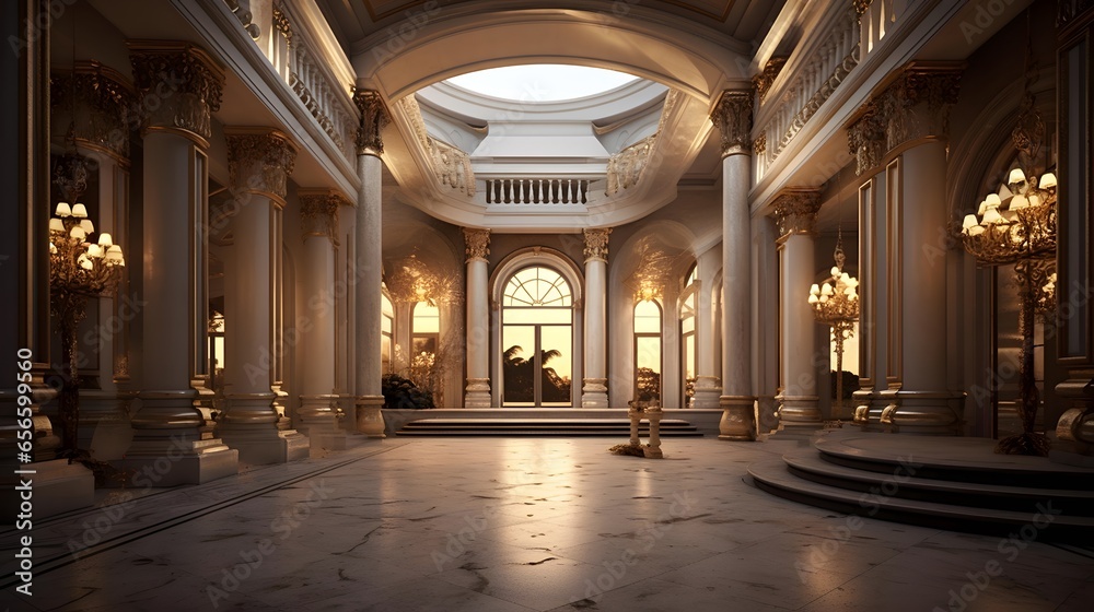 Luxury hotel interior with columns and arches. 3d rendering