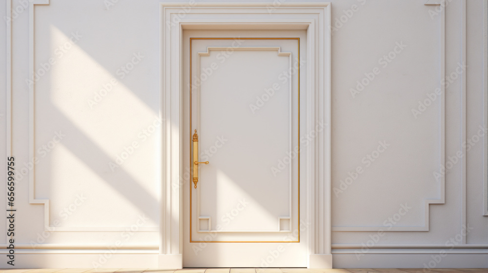 A white door with a silver handle and a light from the window A white door with a silver handle and a light from the window