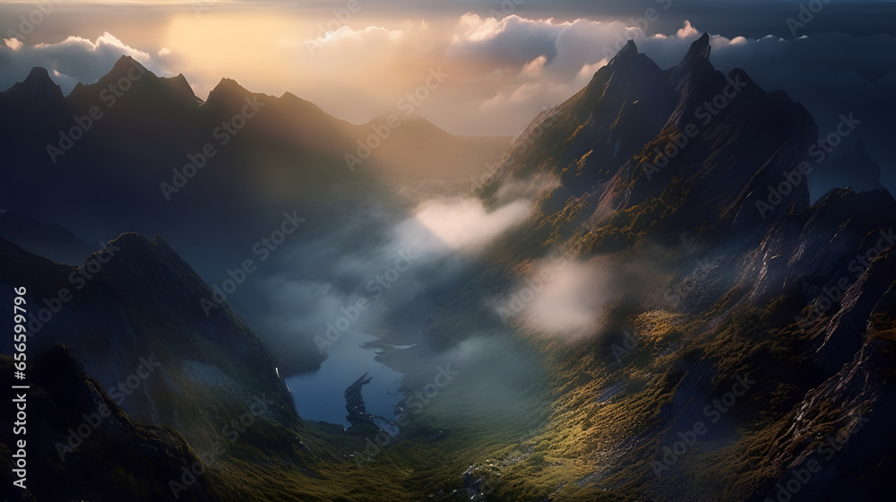 Mountain peaks in clouds and fog at sunset 1