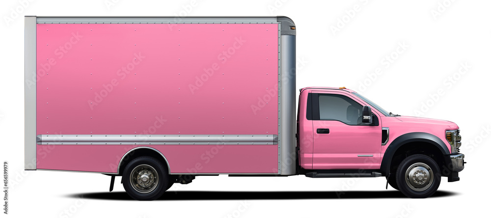 Modern american full pink color delivery truck side view isolated on white background. Modern american full pink color delivery truck side view isolated on white background.