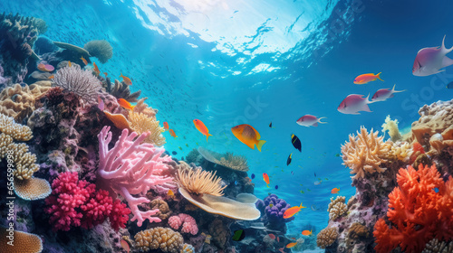 Diverse soft corals and a shoal of fish in a tropical reef © Sasint