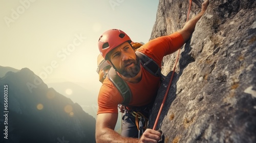 lose-up a rock climber on the peak. Sport and active life concept photo