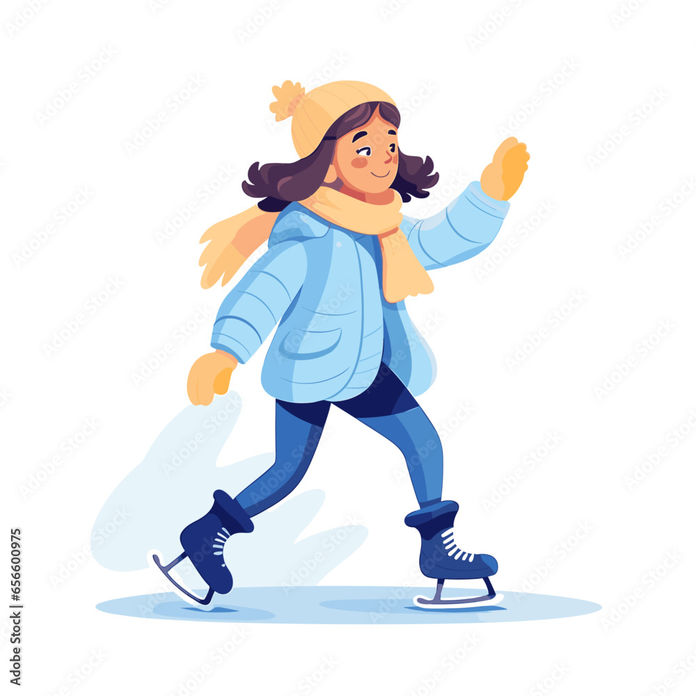 stockphoto, Girl figure ice skating vector flat illustration. Kids winter activities. Child in casual warm clothes playing sport on Christmas holidays. Moving cartoon character. Isolated on white back stockphoto, Girl figure ice skating vector flat illustration. Kids winter activities. Child in casual warm clothes playing sport on Christmas holidays. Moving cartoon character. Isolated on white back