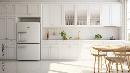 A white kitchen with marble countertops a large fridge and a few cabinets