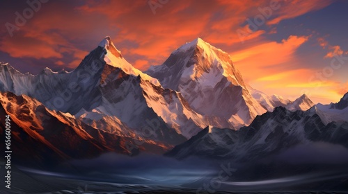 Panoramic view of the snowy mountains at sunset. 3d render