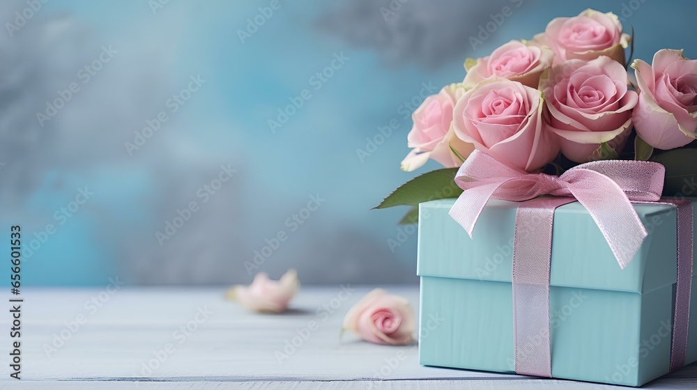 Greeting card with hand made gift box and bouquet of pink roses on blue old paint wooden background with copy space. generative AI