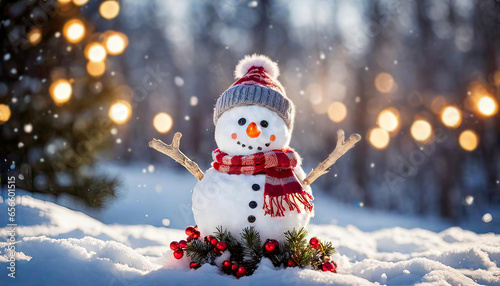 Snowman smiling and standing in snowfall with Christmas ornament. Winter morning landscape, bokeh forest background 