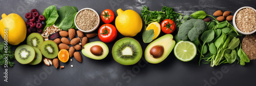 Healthy food clean eating selection: fruit, vegetable, seeds, superfood, cereal, leaf vegetable on gray concrete background © Sasint