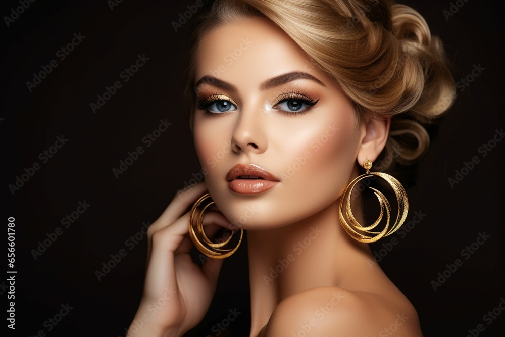 Fototapeta premium beautiful blonde woman with golden earrings and makeup