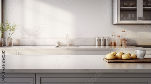 A white kitchen counter with white cabinets photo