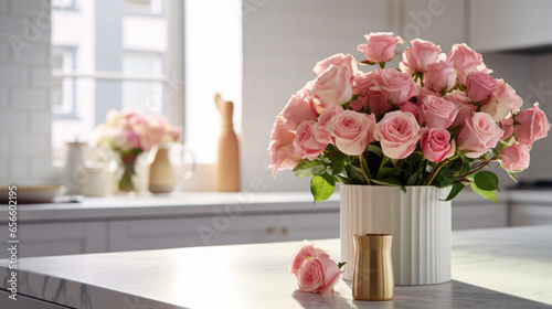 A white kitchen is filled with stainless steel appliances with a vase of pink and white roses on the counter