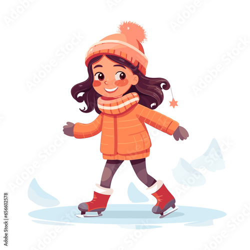 stockphoto, Girl figure ice skating vector flat illustration. Kids winter activities. Child in casual warm clothes playing sport on Christmas holidays. Moving cartoon character. Isolated on white back