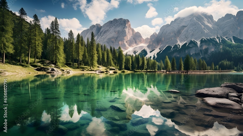 Panoramic view of the lake in Dolomites, Italy