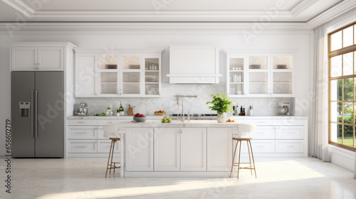 A white kitchen with marble countertops a few cabinets and a large refrigerator